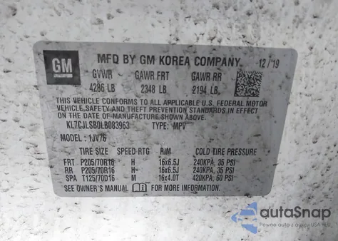 2020 Chevrolet Trax Fwd Lt from USA, damaged, VIN KL7CJLSB0LB083963